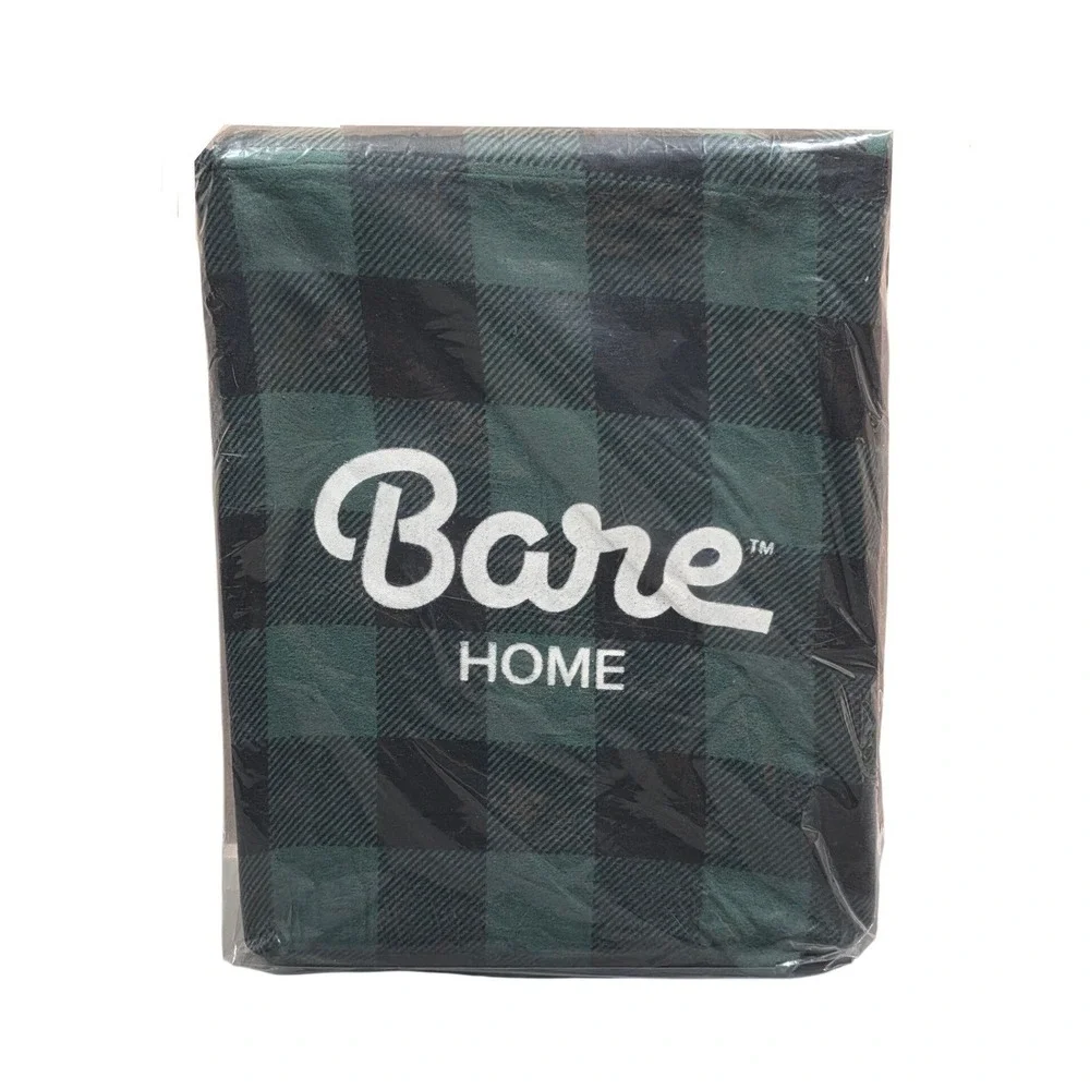 Bare Home Flannel Sheet Set Full 100% Cotton Green‎ Black Buffalo Plaid 4 Piece